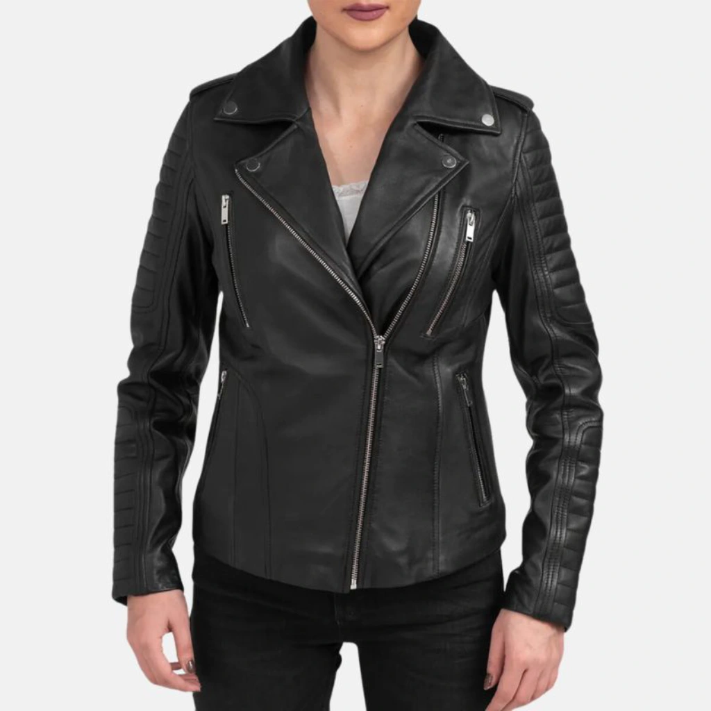 Womens Black Motorcycle Leather Jacket Hood