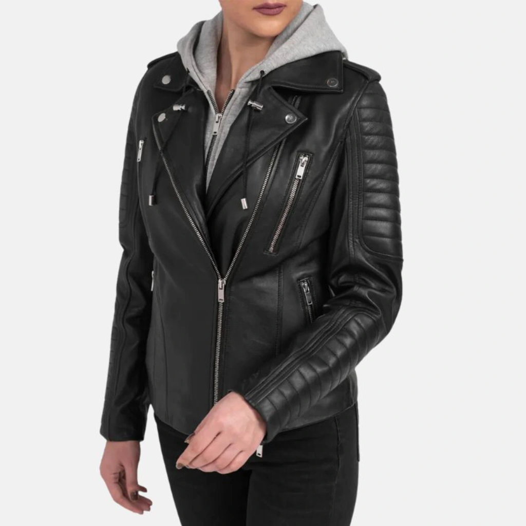 Womens Black Motorcycle Leather Jacket With Hood