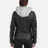 Womens Black Motorcycle Leather Jacket With Removable Hooded
