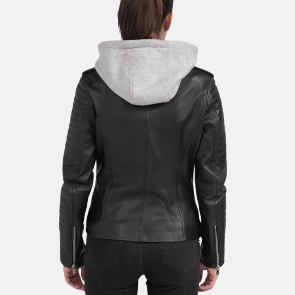 Womens Black Motorcycle Leather Jacket With Removable Hooded