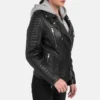 Womens Motorcycle Leather Jacket With Removable Hood