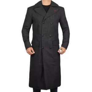 Men's Double Breasted Long Coat Grey Wool