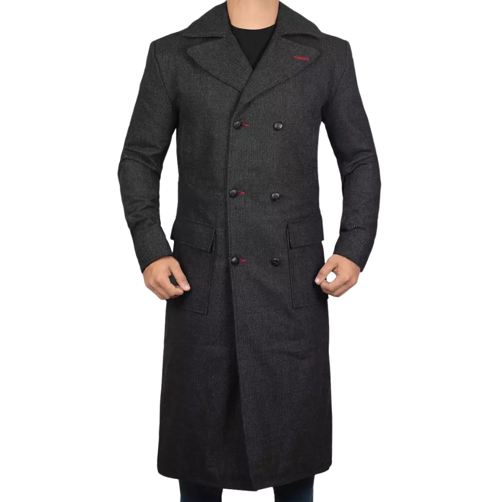 Men's Double Breasted Long Coat Grey Wool
