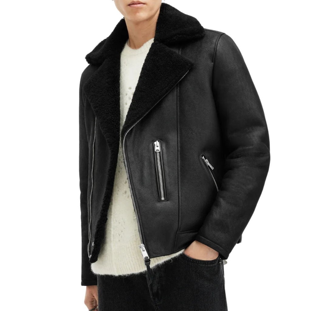 Black Shearling Leather Biker Jacket
