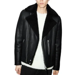 Men Black Shearling Leather Biker Jacket