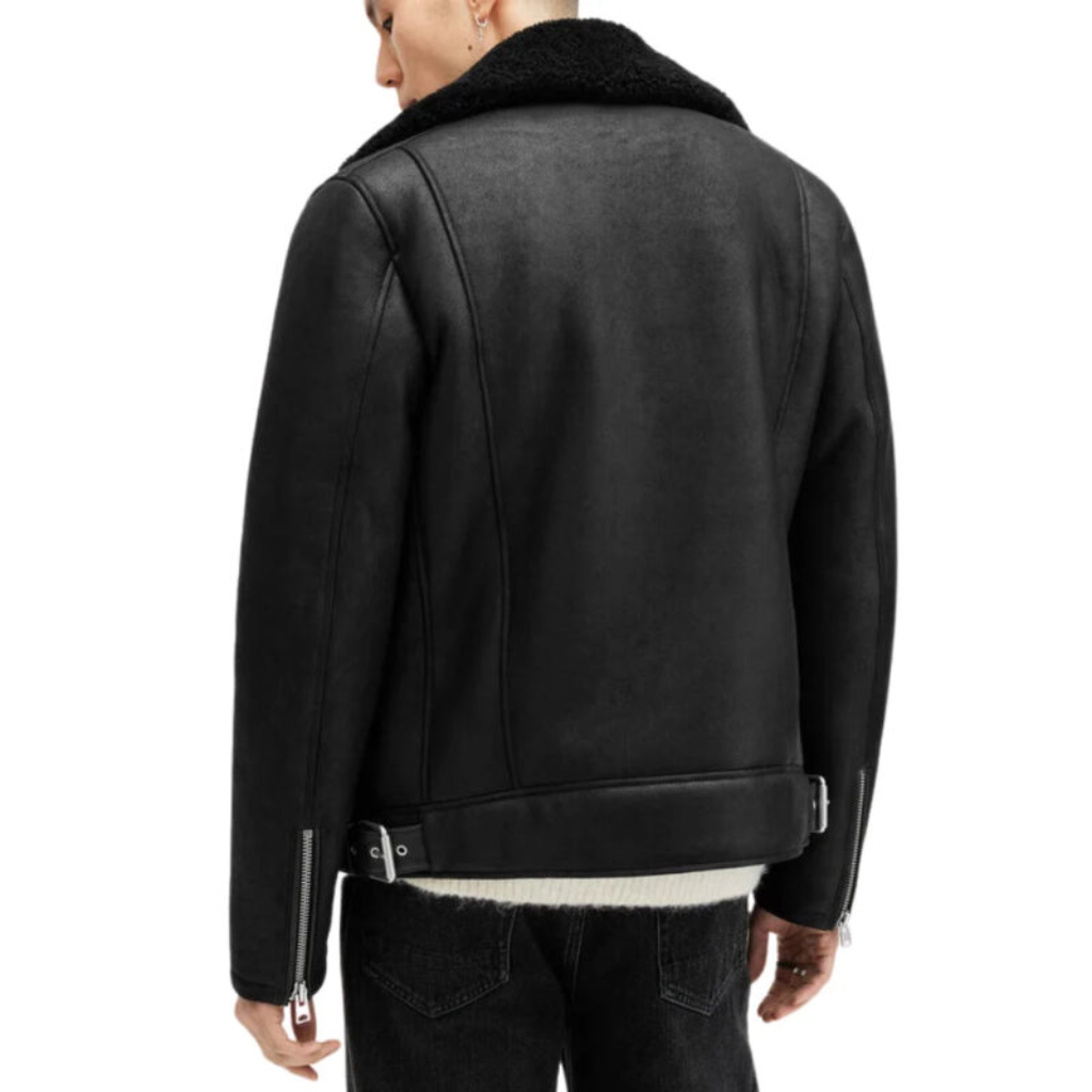 Men Black Shearling Leather Biker Jacket Back