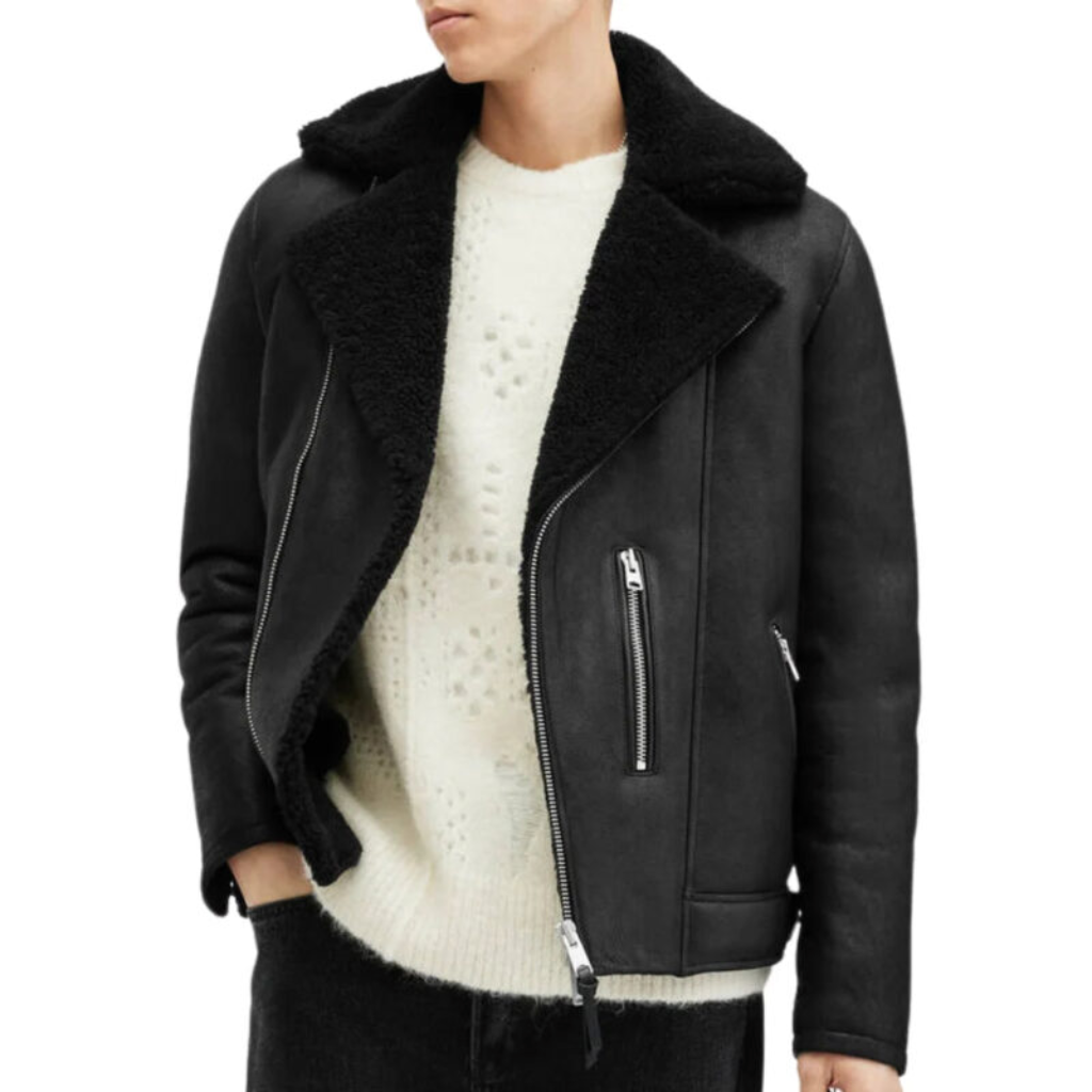 Men Black Shearling Leather Biker Jacket F