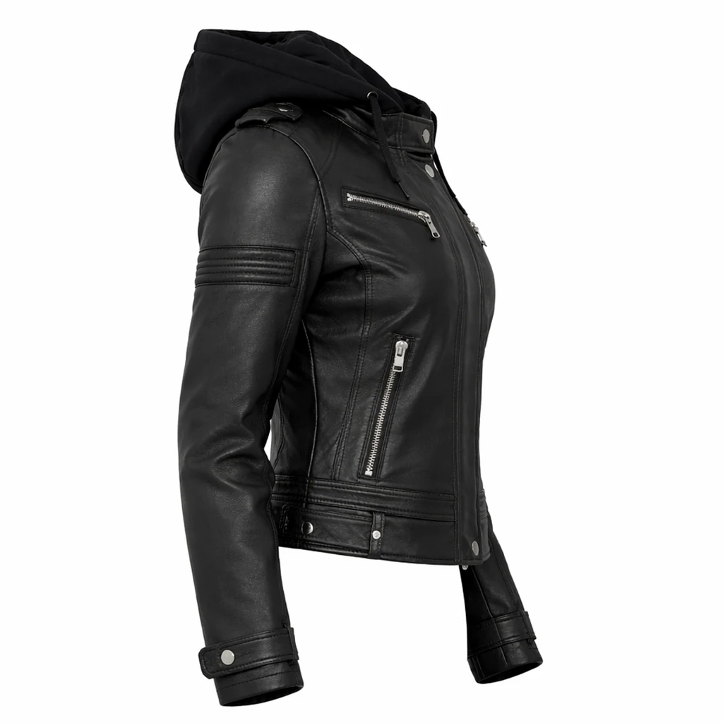 Women Black Hooded Leather Jacket 2 Women Black Hooded Leather Jacket 2